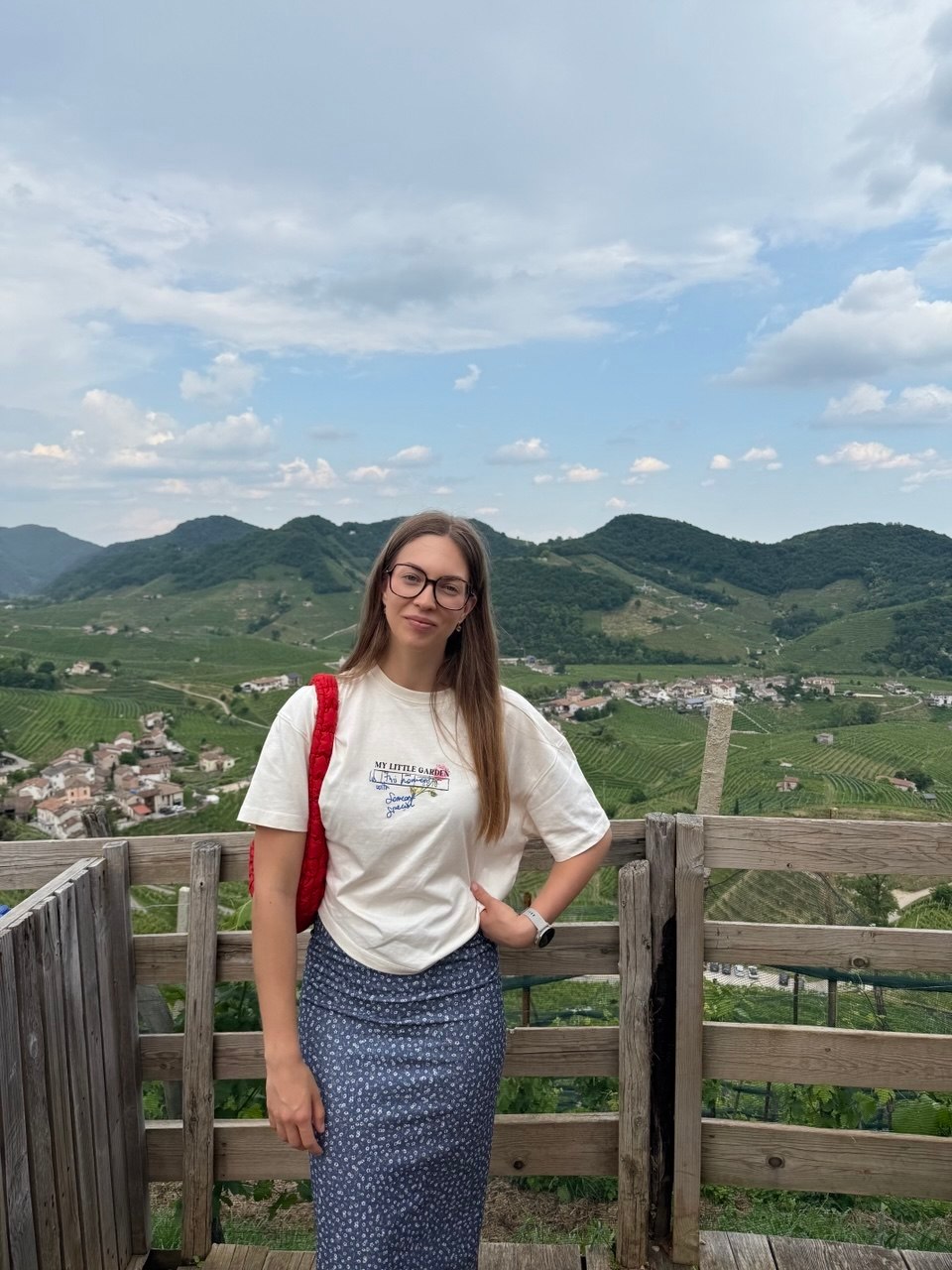 Sonya overlooking the hills and vineyards in northern Italy